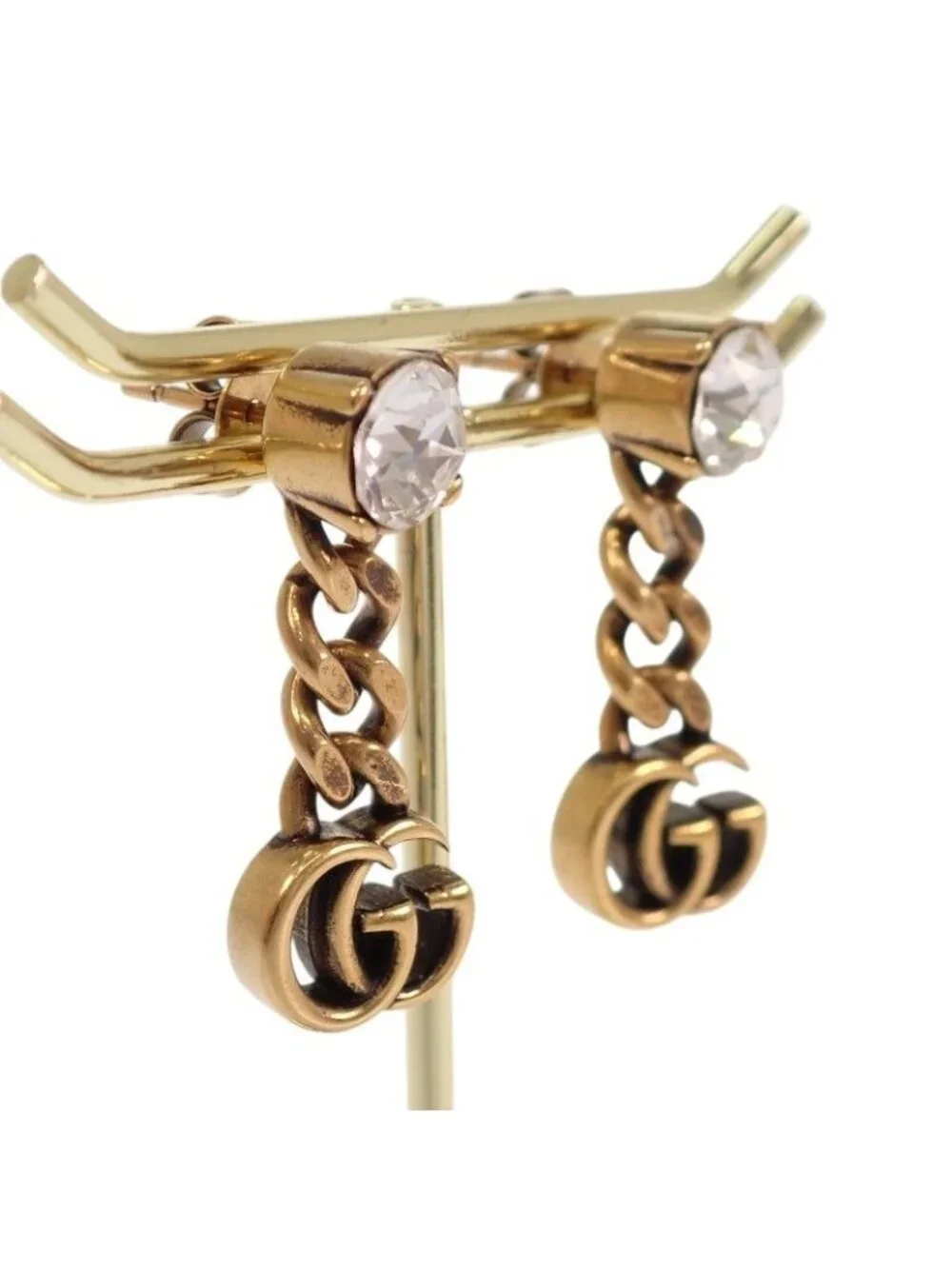 Gucci Crystal Double Earrings Metal Aging Gold